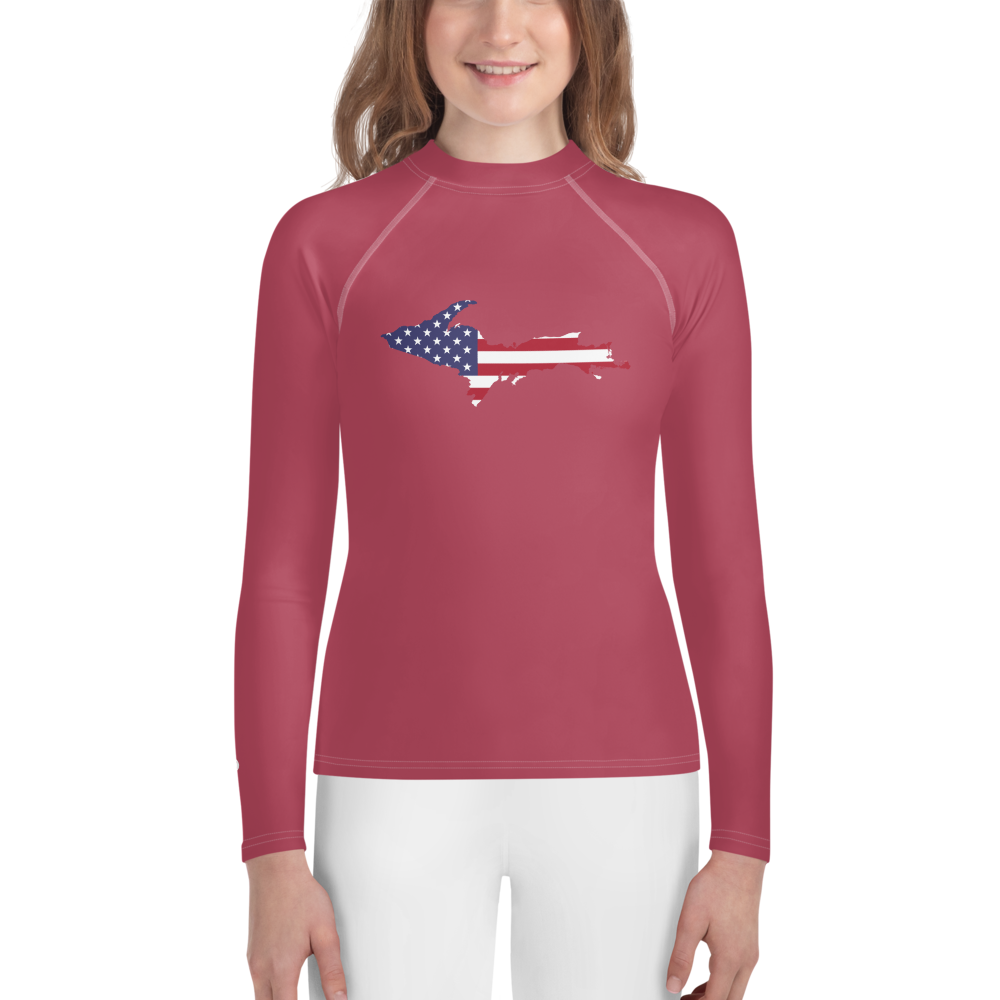 Michigan Upper Peninsula Rash Guard (w/ UP USA Flag) | Youth - Popstar Pink