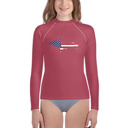 Michigan Upper Peninsula Rash Guard (w/ UP USA Flag) | Youth - Popstar Pink