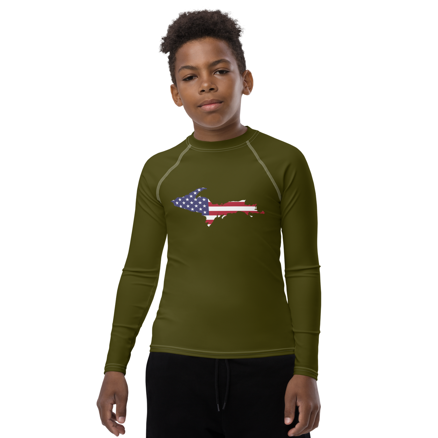 Michigan Upper Peninsula Rash Guard (w/ UP USA Flag) | Youth - Military Green