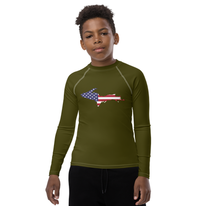 Michigan Upper Peninsula Rash Guard (w/ UP USA Flag) | Youth - Military Green