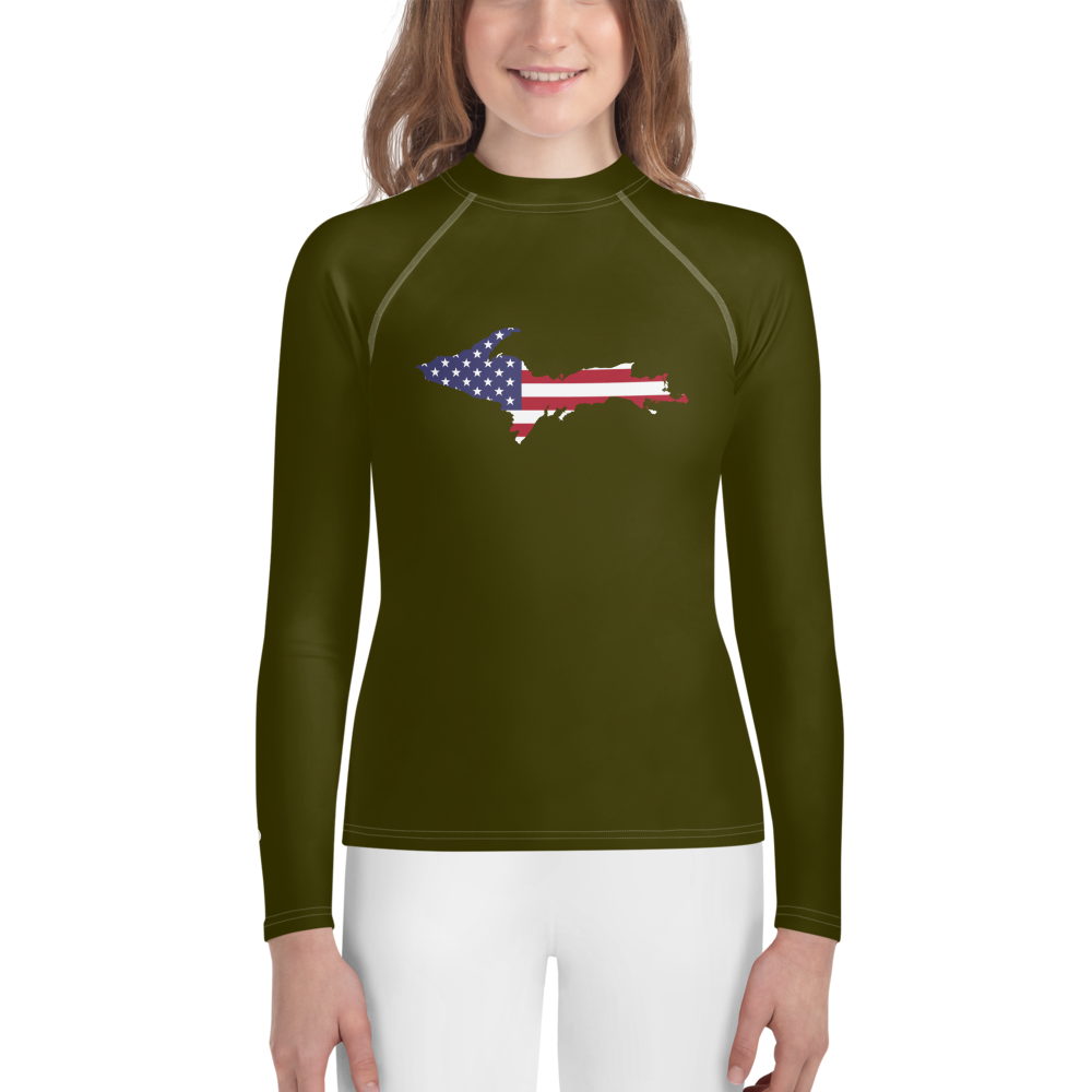 Michigan Upper Peninsula Rash Guard (w/ UP USA Flag) | Youth - Military Green