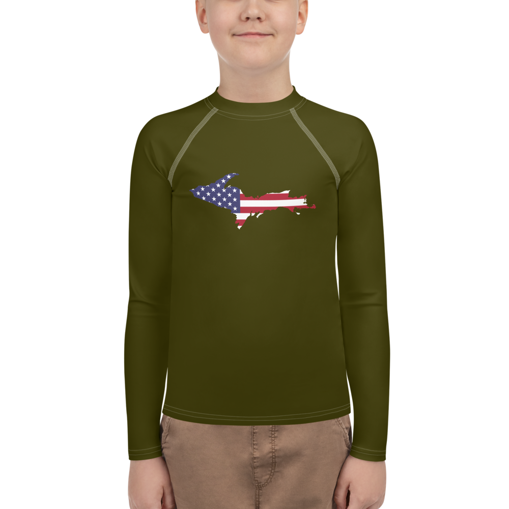 Michigan Upper Peninsula Rash Guard (w/ UP USA Flag) | Youth - Military Green