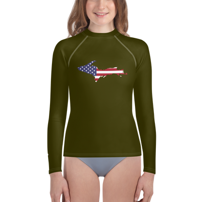 Michigan Upper Peninsula Rash Guard (w/ UP USA Flag) | Youth - Military Green