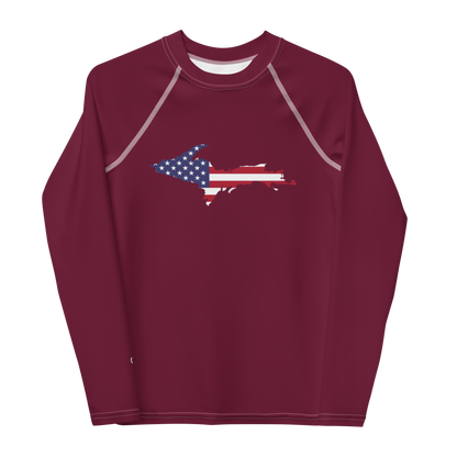 Michigan Upper Peninsula Rash Guard (w/ UP USA Flag) | Youth - Old Mission Burgundy