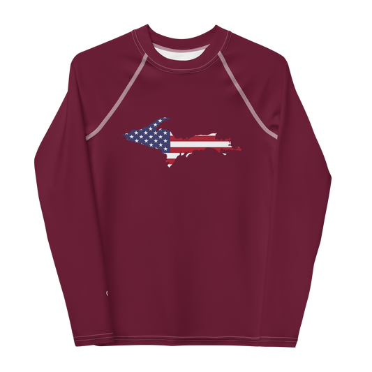 Michigan Upper Peninsula Rash Guard (w/ UP USA Flag) | Youth - Old Mission Burgundy