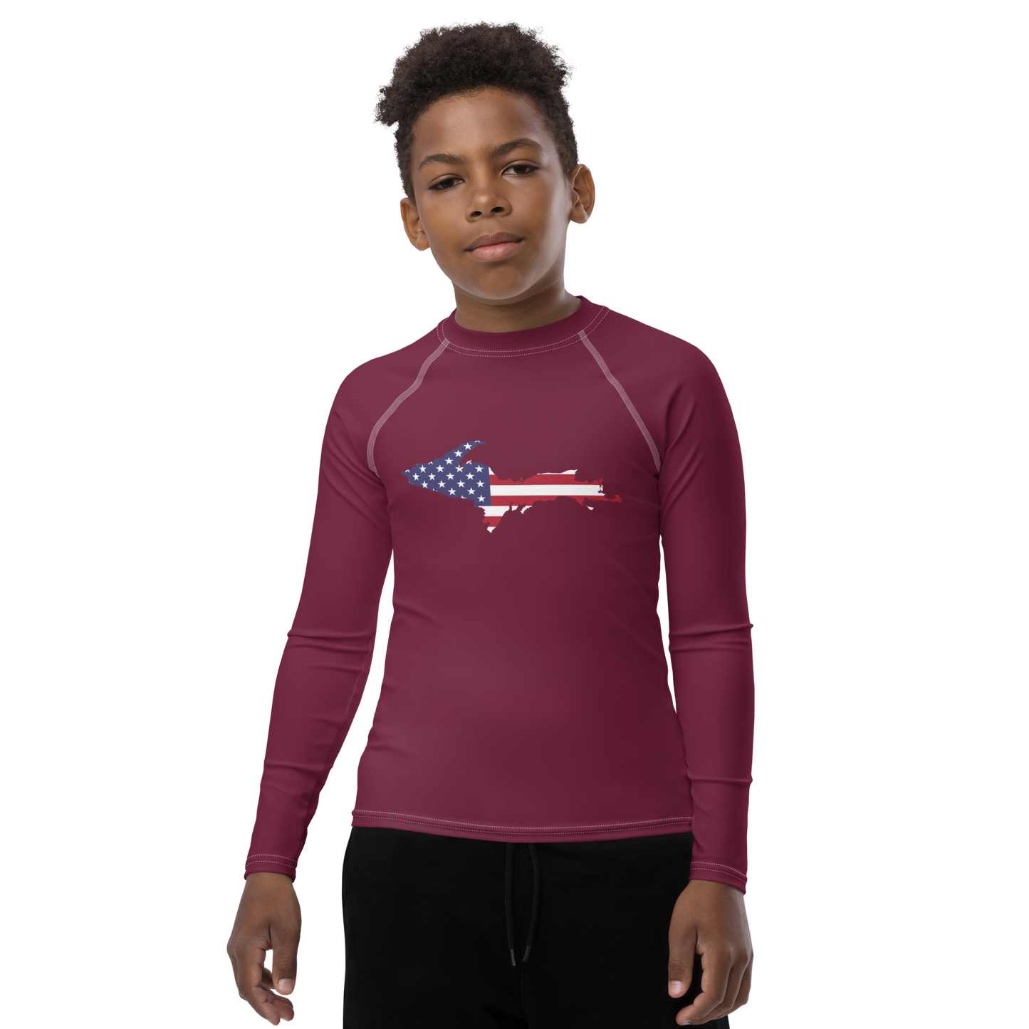 Michigan Upper Peninsula Rash Guard (w/ UP USA Flag) | Youth - Old Mission Burgundy