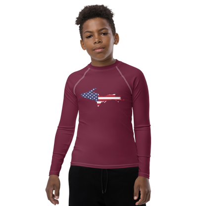 Michigan Upper Peninsula Rash Guard (w/ UP USA Flag) | Youth - Old Mission Burgundy