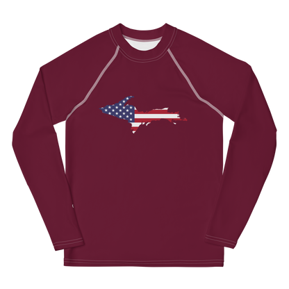 Michigan Upper Peninsula Rash Guard (w/ UP USA Flag) | Youth - Old Mission Burgundy