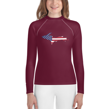 Michigan Upper Peninsula Rash Guard (w/ UP USA Flag) | Youth - Old Mission Burgundy