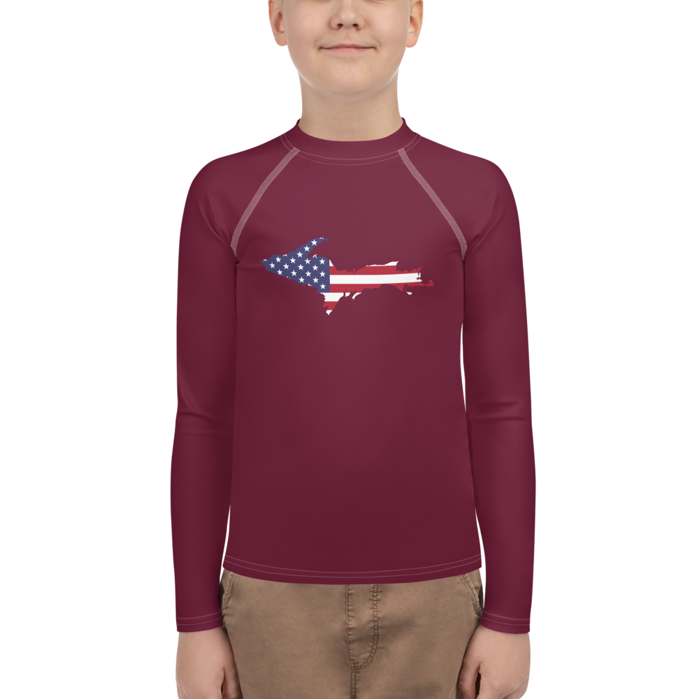 Michigan Upper Peninsula Rash Guard (w/ UP USA Flag) | Youth - Old Mission Burgundy