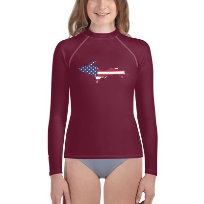 Michigan Upper Peninsula Rash Guard (w/ UP USA Flag) | Youth - Old Mission Burgundy