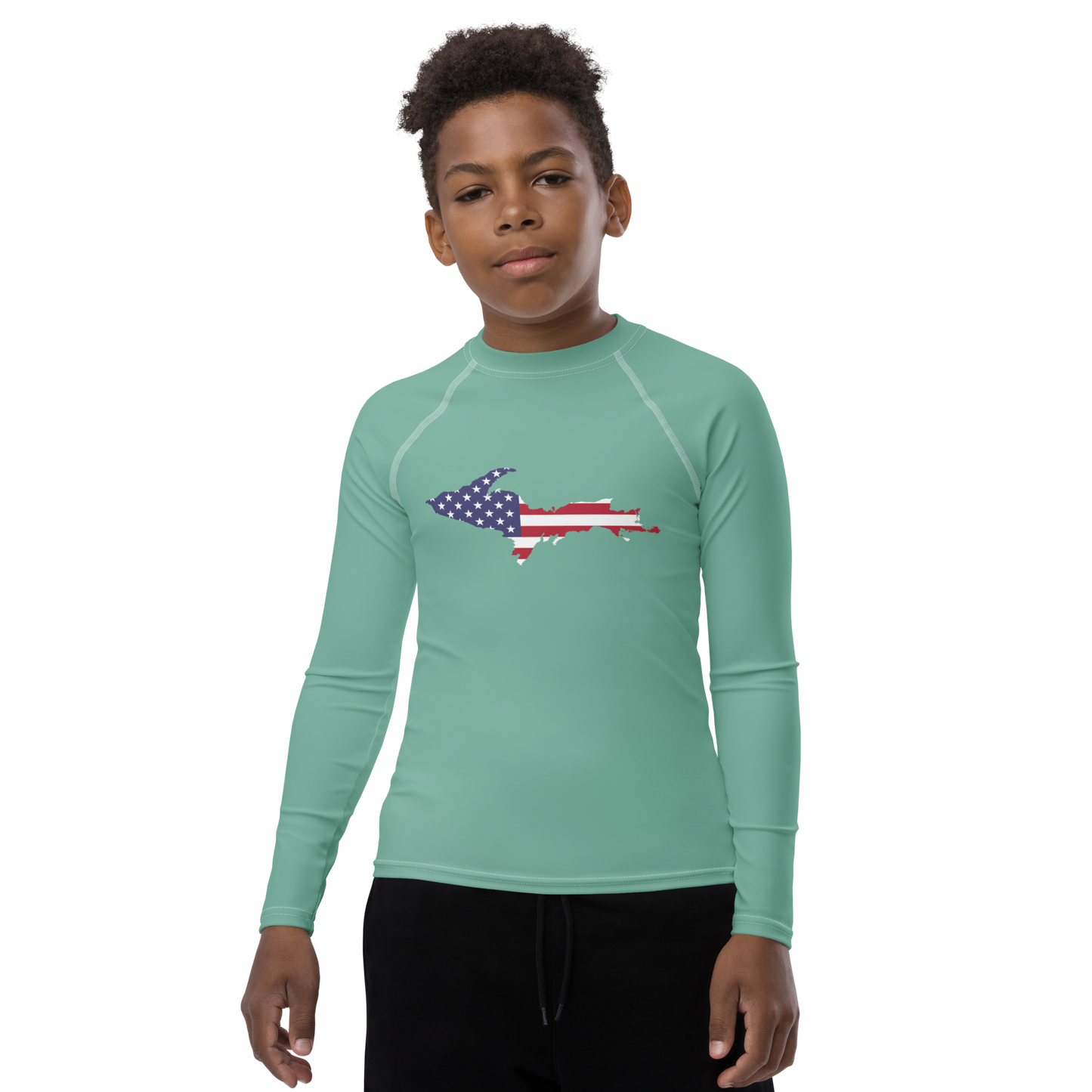 Michigan Upper Peninsula Rash Guard (w/ UP USA Flag) | Youth - Metallic Mint Green