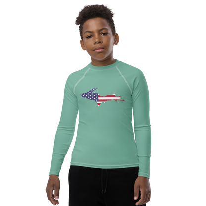 Michigan Upper Peninsula Rash Guard (w/ UP USA Flag) | Youth - Metallic Mint Green