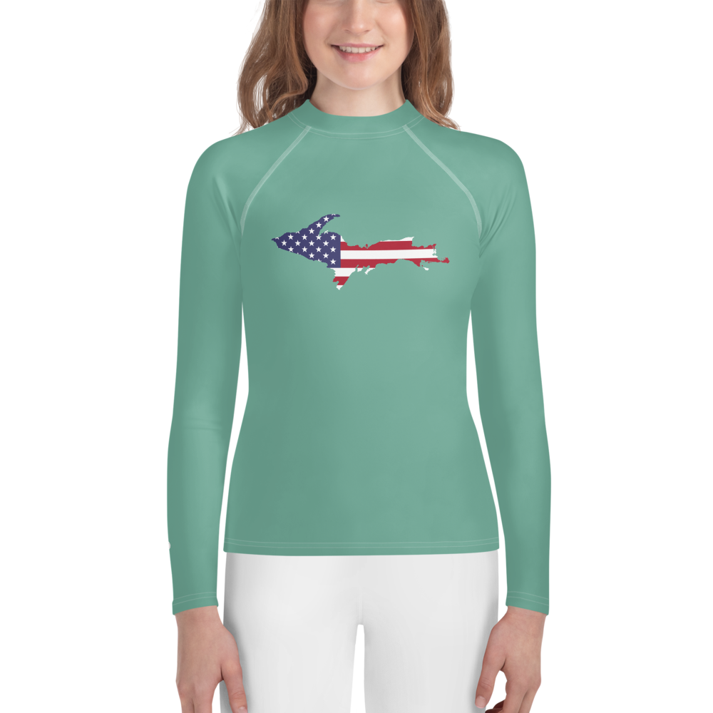 Michigan Upper Peninsula Rash Guard (w/ UP USA Flag) | Youth - Metallic Mint Green