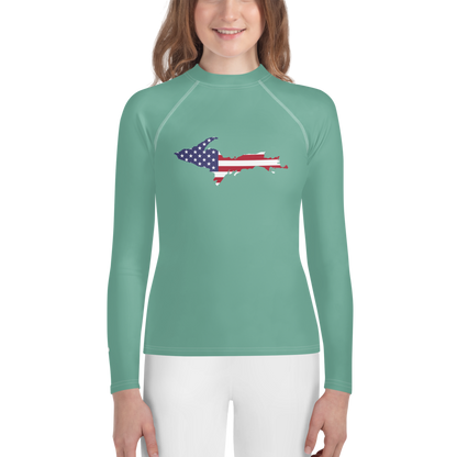 Michigan Upper Peninsula Rash Guard (w/ UP USA Flag) | Youth - Metallic Mint Green