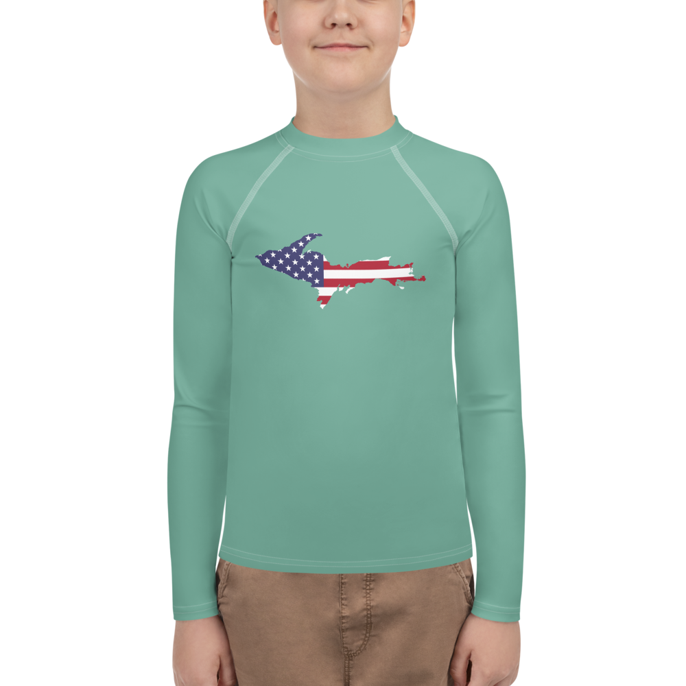 Michigan Upper Peninsula Rash Guard (w/ UP USA Flag) | Youth - Metallic Mint Green