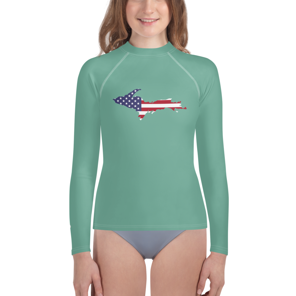 Michigan Upper Peninsula Rash Guard (w/ UP USA Flag) | Youth - Metallic Mint Green