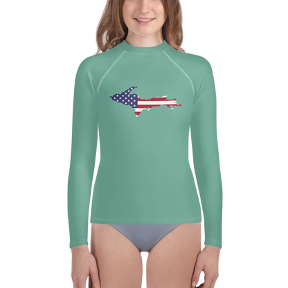 Michigan Upper Peninsula Rash Guard (w/ UP USA Flag) | Youth - Metallic Mint Green