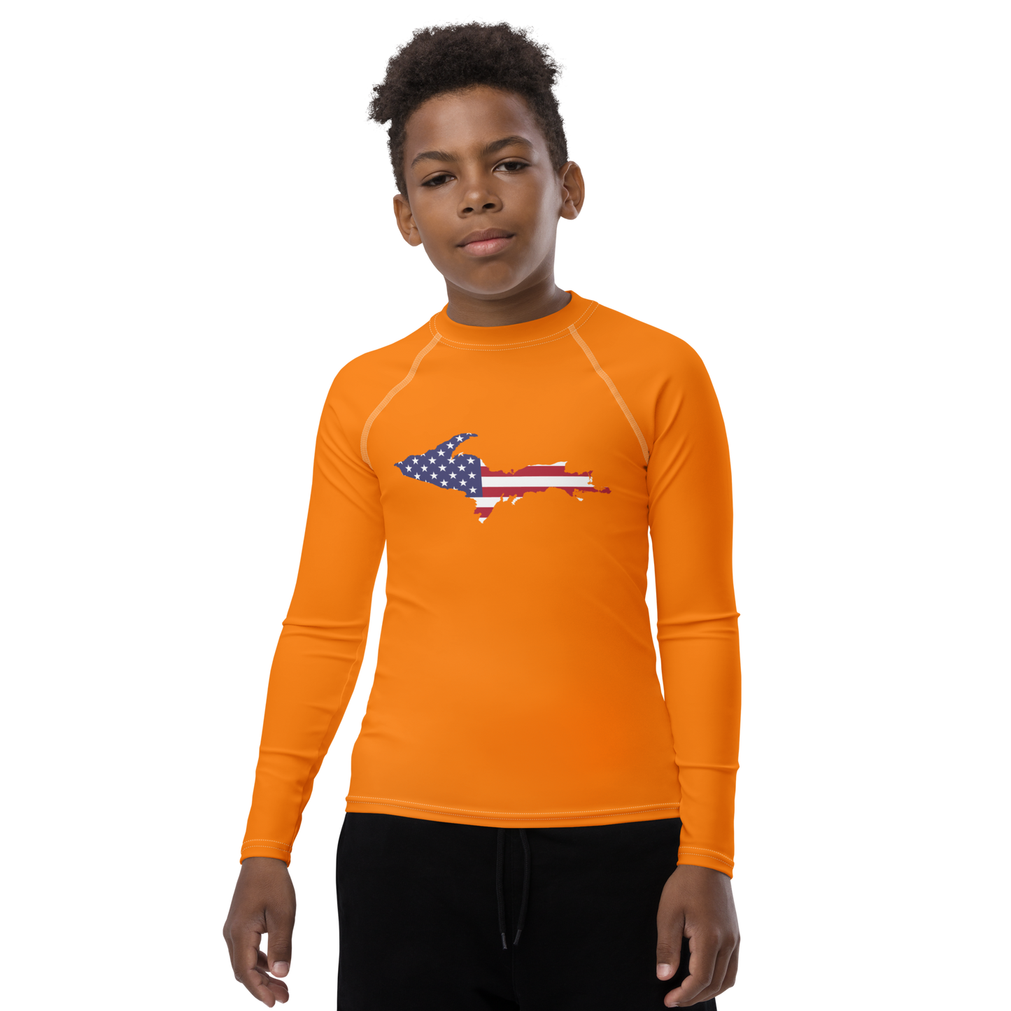 Michigan Upper Peninsula Rash Guard (w/ UP USA Flag) | Youth - Safety Orange