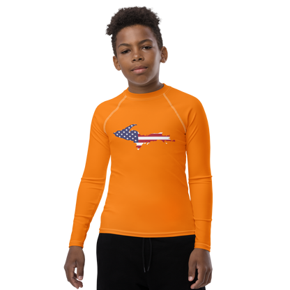 Michigan Upper Peninsula Rash Guard (w/ UP USA Flag) | Youth - Safety Orange