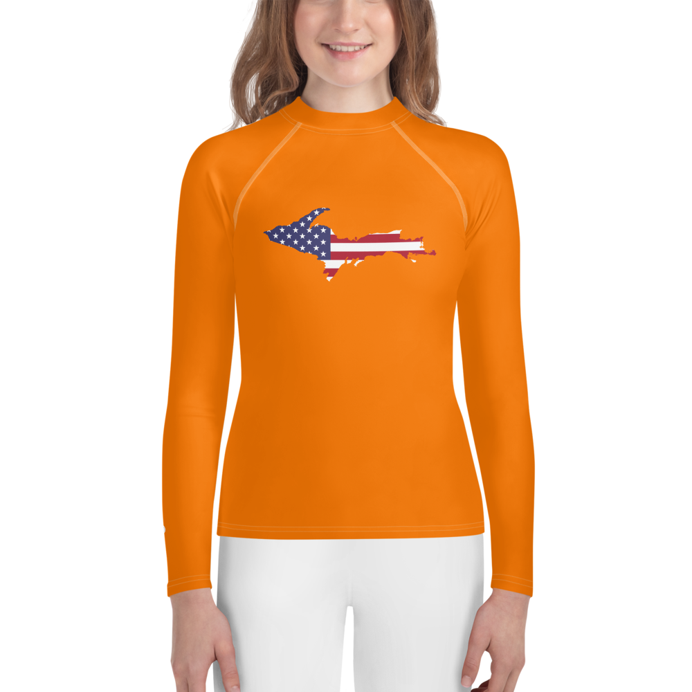 Michigan Upper Peninsula Rash Guard (w/ UP USA Flag) | Youth - Safety Orange