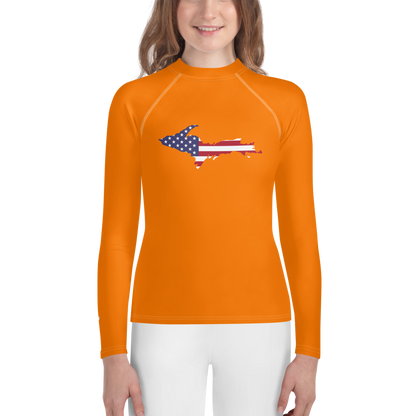 Michigan Upper Peninsula Rash Guard (w/ UP USA Flag) | Youth - Safety Orange