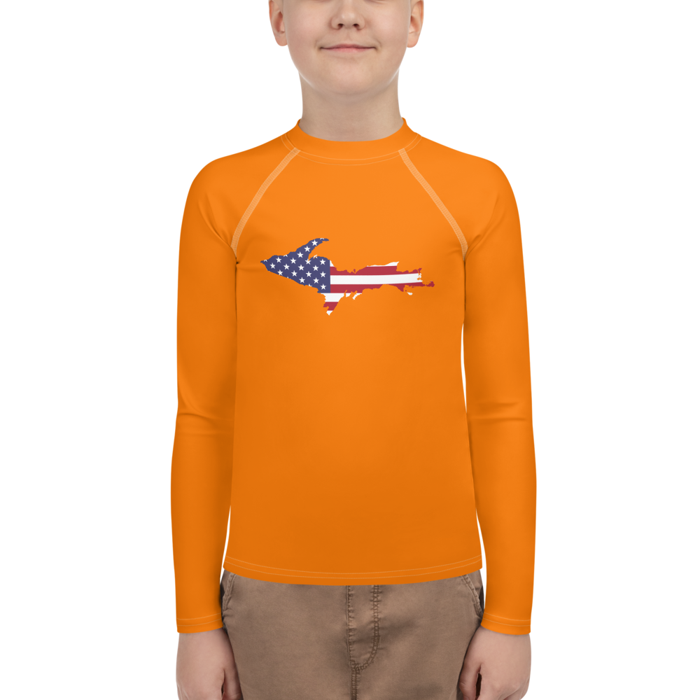 Michigan Upper Peninsula Rash Guard (w/ UP USA Flag) | Youth - Safety Orange