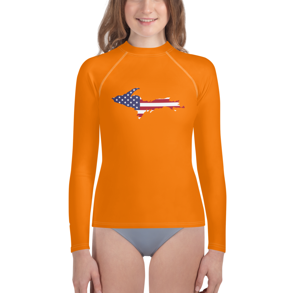 Michigan Upper Peninsula Rash Guard (w/ UP USA Flag) | Youth - Safety Orange