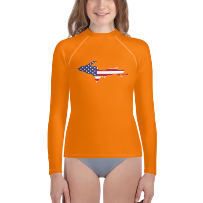 Michigan Upper Peninsula Rash Guard (w/ UP USA Flag) | Youth - Safety Orange