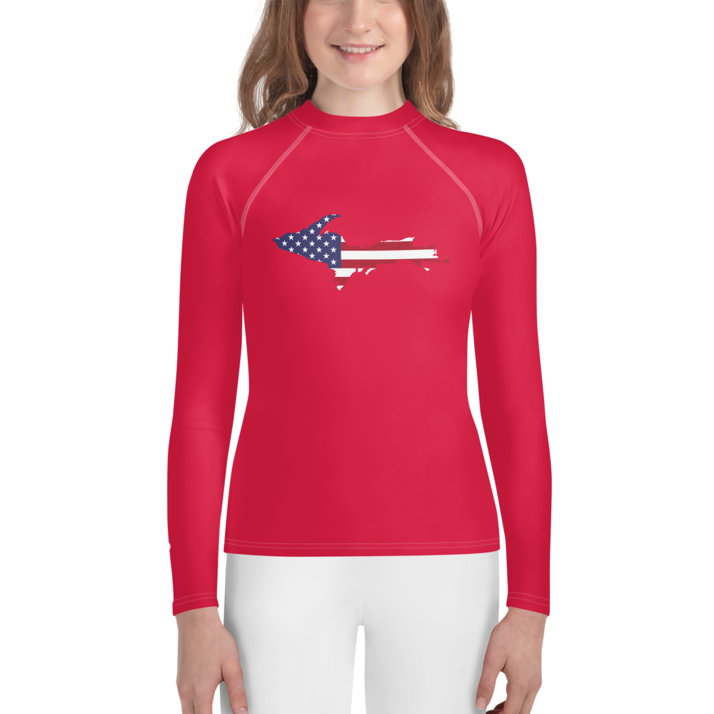 Michigan Upper Peninsula Rash Guard (w/ UP USA Flag) | Youth - Lighthouse Red