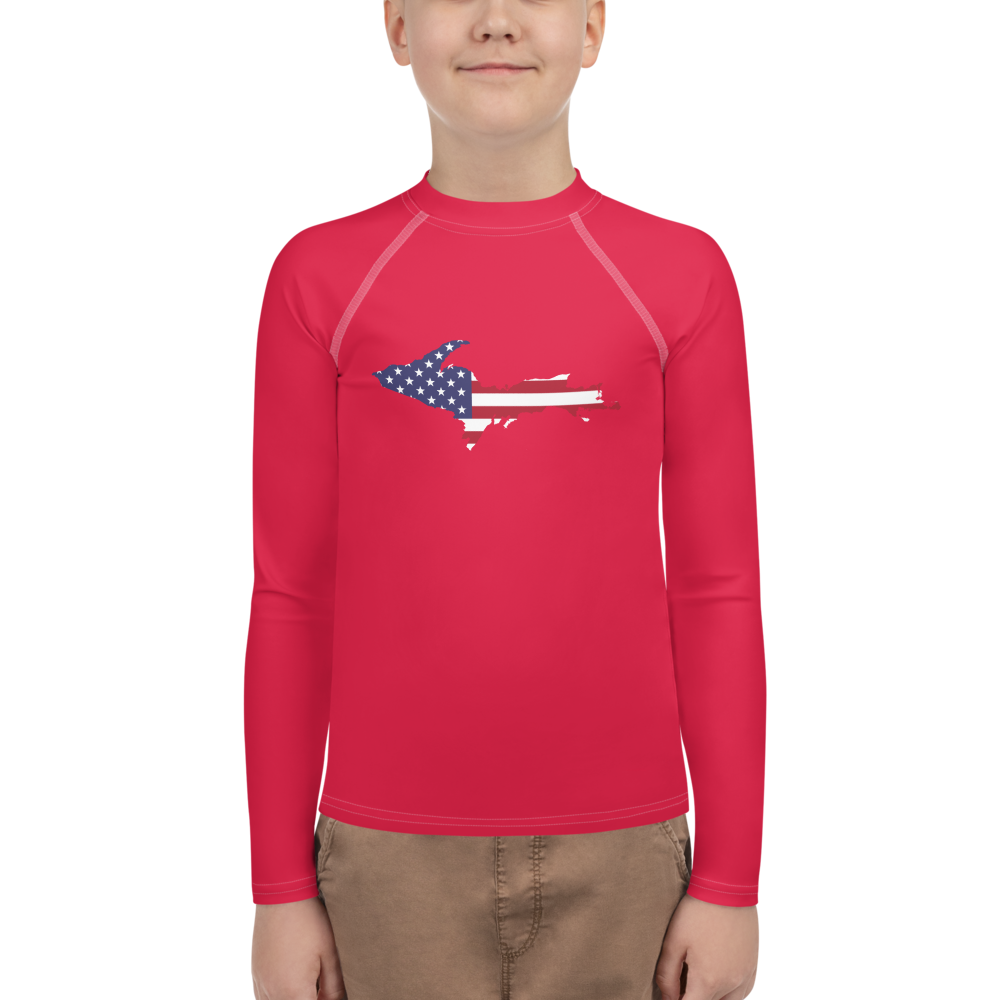 Michigan Upper Peninsula Rash Guard (w/ UP USA Flag) | Youth - Lighthouse Red