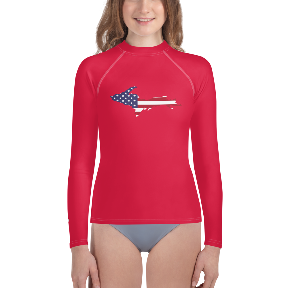 Michigan Upper Peninsula Rash Guard (w/ UP USA Flag) | Youth - Lighthouse Red