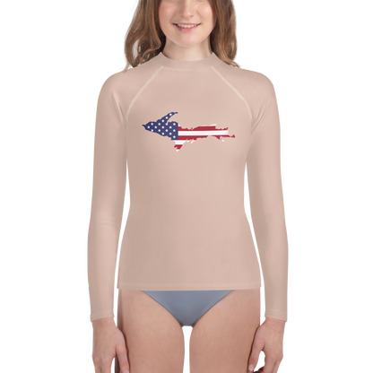 Michigan Upper Peninsula Rash Guard (w/ UP USA Flag) | Youth - Rose Gold