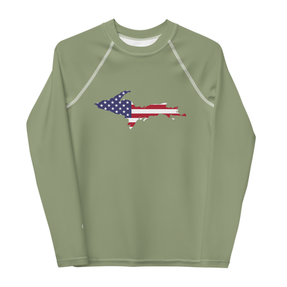 Michigan Upper Peninsula Rash Guard (w/ UP USA Flag) | Youth - Beachgrass Green