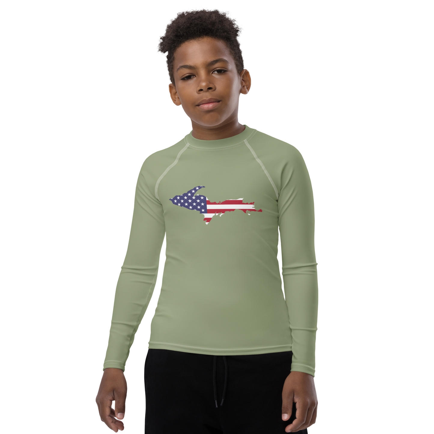 Michigan Upper Peninsula Rash Guard (w/ UP USA Flag) | Youth - Beachgrass Green