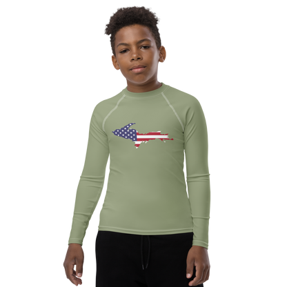 Michigan Upper Peninsula Rash Guard (w/ UP USA Flag) | Youth - Beachgrass Green