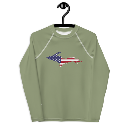 Michigan Upper Peninsula Rash Guard (w/ UP USA Flag) | Youth - Beachgrass Green