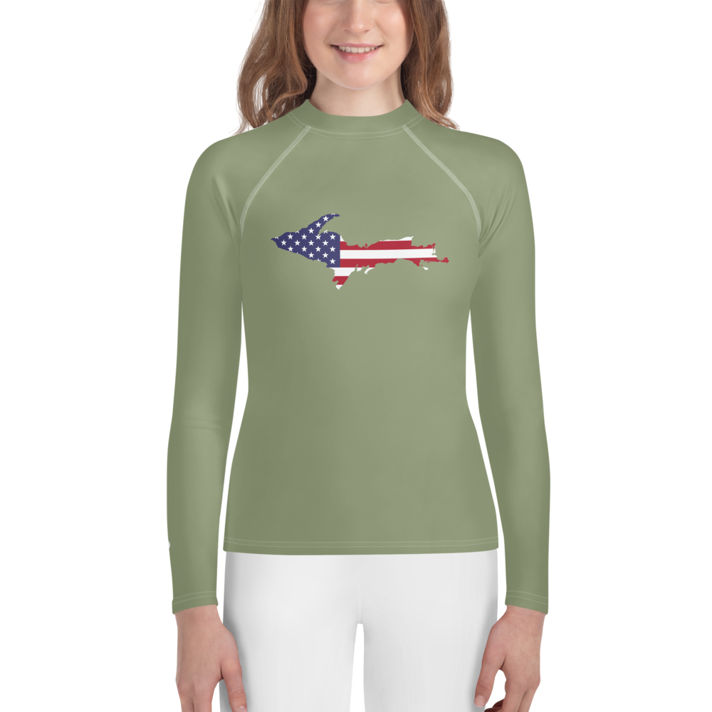 Michigan Upper Peninsula Rash Guard (w/ UP USA Flag) | Youth - Beachgrass Green