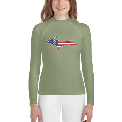 Michigan Upper Peninsula Rash Guard (w/ UP USA Flag) | Youth - Beachgrass Green