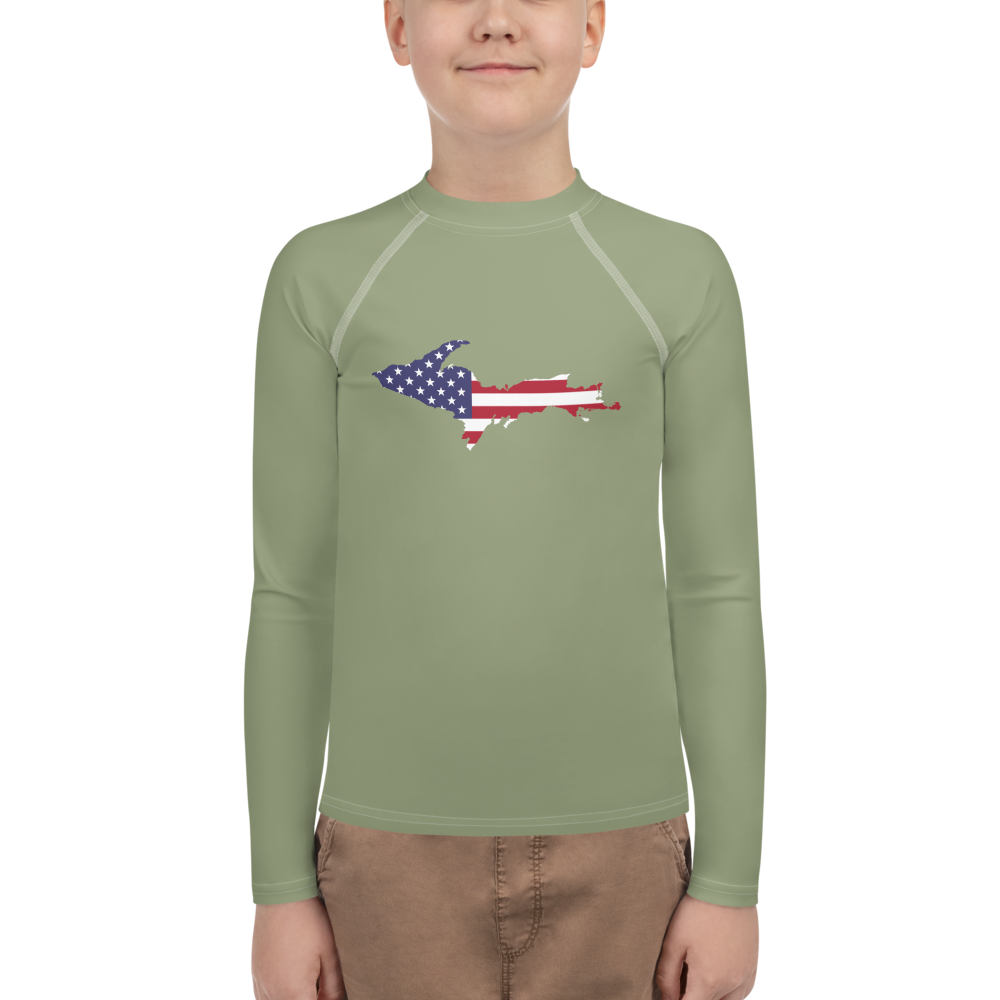 Michigan Upper Peninsula Rash Guard (w/ UP USA Flag) | Youth - Beachgrass Green