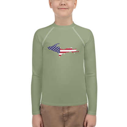 Michigan Upper Peninsula Rash Guard (w/ UP USA Flag) | Youth - Beachgrass Green