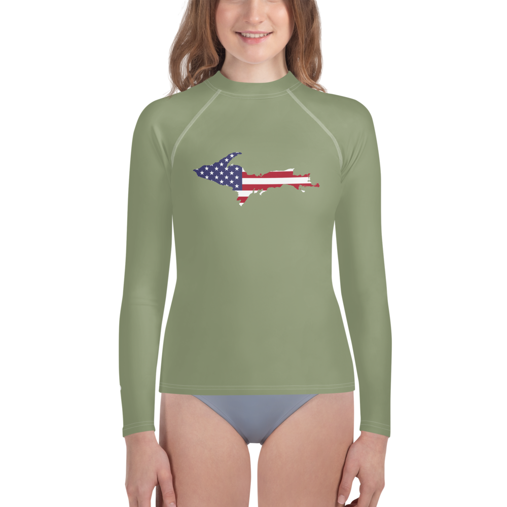 Michigan Upper Peninsula Rash Guard (w/ UP USA Flag) | Youth - Beachgrass Green