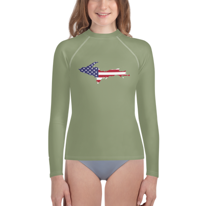 Michigan Upper Peninsula Rash Guard (w/ UP USA Flag) | Youth - Beachgrass Green