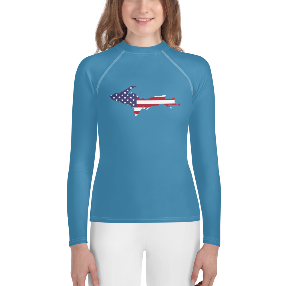 Michigan Upper Peninsula Rash Guard (w/ UP USA Flag) | Youth - Lake Michigan Blue