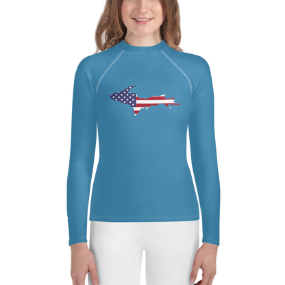 Michigan Upper Peninsula Rash Guard (w/ UP USA Flag) | Youth - Lake Michigan Blue