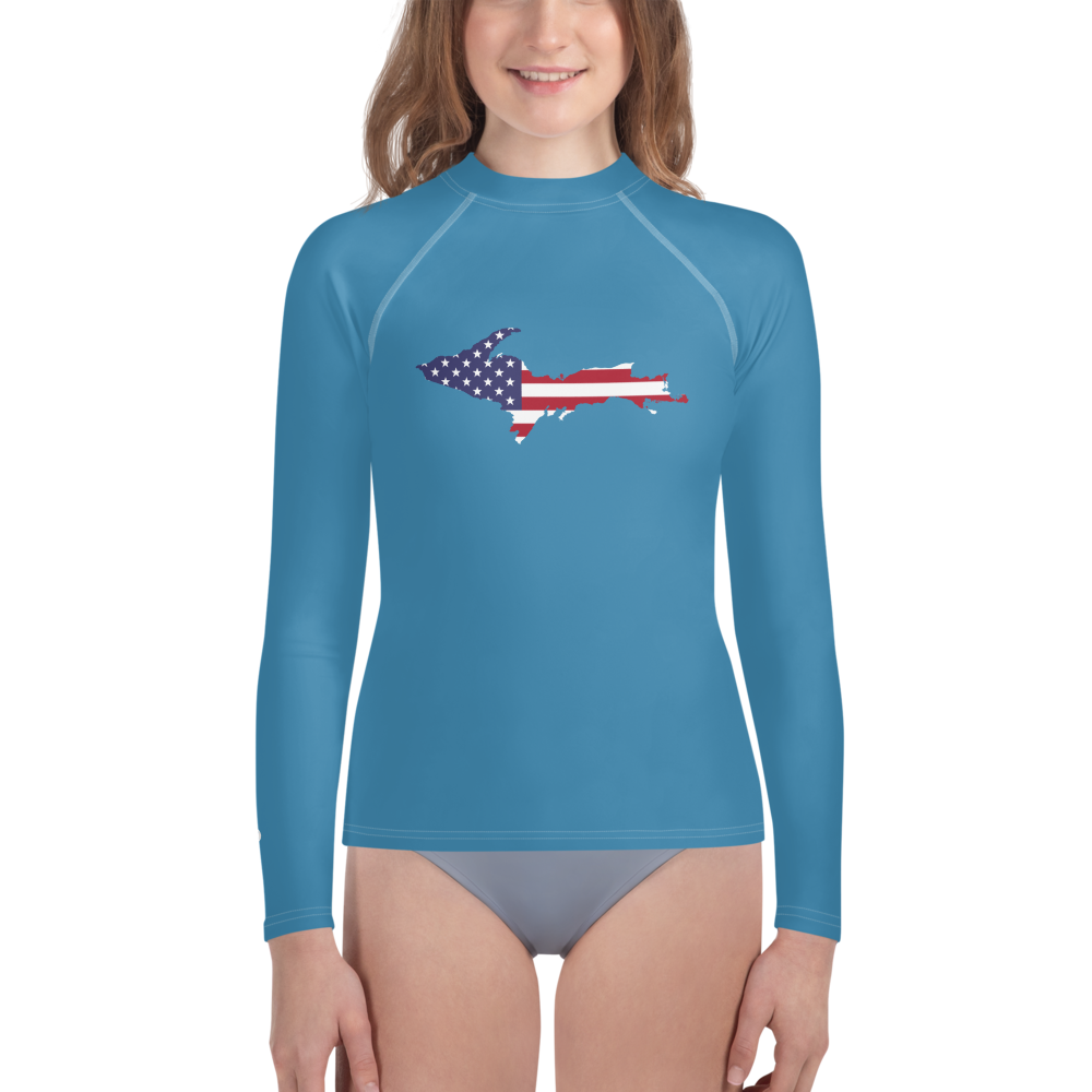 Michigan Upper Peninsula Rash Guard (w/ UP USA Flag) | Youth - Lake Michigan Blue