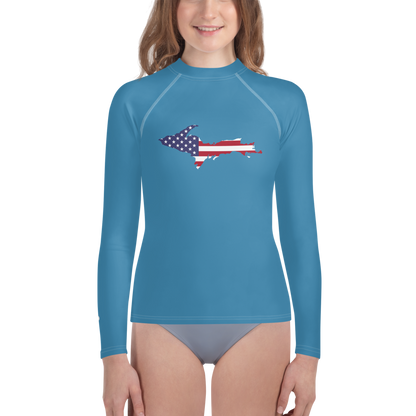 Michigan Upper Peninsula Rash Guard (w/ UP USA Flag) | Youth - Lake Michigan Blue