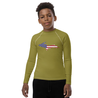 Michigan Upper Peninsula Rash Guard (w/ UP USA Flag) | Youth - Scrub Gold