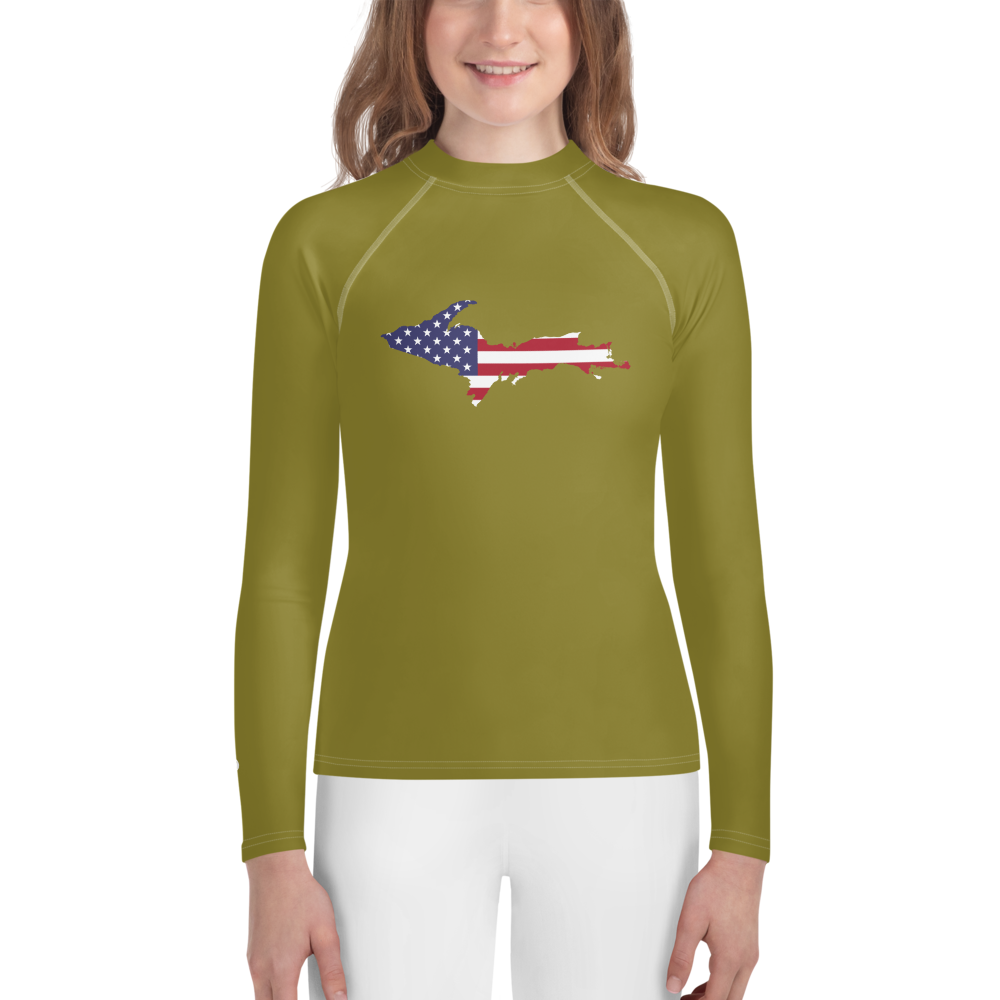 Michigan Upper Peninsula Rash Guard (w/ UP USA Flag) | Youth - Scrub Gold