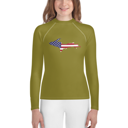 Michigan Upper Peninsula Rash Guard (w/ UP USA Flag) | Youth - Scrub Gold